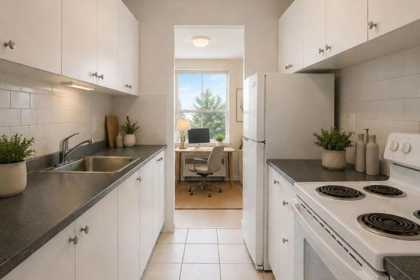 Narrow kitchen with white cabinets, dark countertops, stainless steel sink, white appliances, and a desk area. - 301 - 1725 Lawrence Avenue E, Toronto