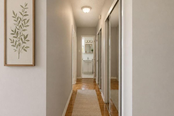 Hallway with light gray walls, parquet flooring, a large mirrored closet, and a doorway to a bathroom. - 301 - 1725 Lawrence Avenue E, Toronto