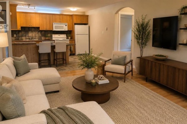 Kitchen featuring wooden cabinetry, gray countertops, and white appliances with tiled flooring. - 302, 117 23 Avenue Sw, Calgary