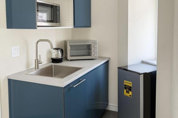 A close-up of a kitchenette with a stainless steel sink, microwave, toaster oven, kettle, and a small refrigerator. - 302 - 198-200 Queen Street W, Toronto