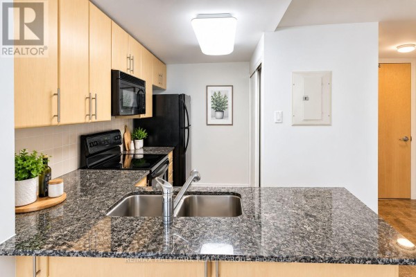 Kitchen with light wood cabinets, granite countertop, and a double sink. - 302 - 200 Lett Street, Ottawa