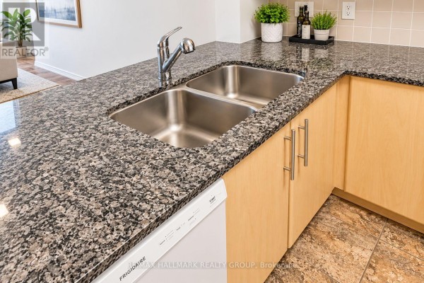 Close-up of a kitchen double sink, granite countertop, and light wood cabinets. - 302 - 200 Lett Street, Ottawa