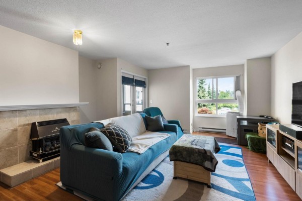 Living room with a blue sofa, fireplace, television, and a window overlooking trees. - 302 19721 64 Avenue, Langley