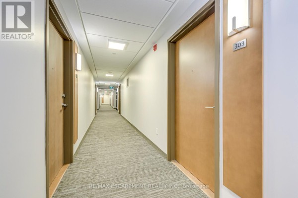 Hallway with unit 303 door, modern lighting, and carpet - 303 - 320 Plains Road E Burlington