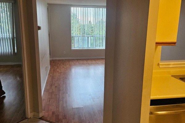 View from an apartment hallway into a living room with wood-look flooring and large window. - 303 - 480 Mclevin Avenue, Toronto