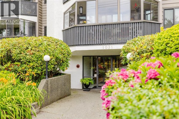 Close-up of the apartment building entrance with flower beds. - 303 1031 Burdett Ave, Victoria