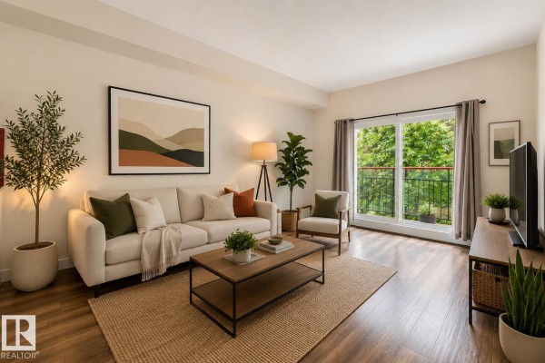 Living room with a sofa, armchair, coffee table, and balcony door with greenery view. - #303 10611 117 St Nw, Edmonton
