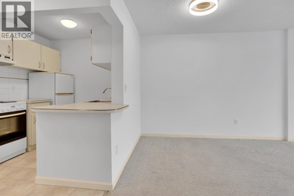 Apartment living area with carpeted floor and view into open kitchen. - 303 150 E 15th Street, North Vancouver