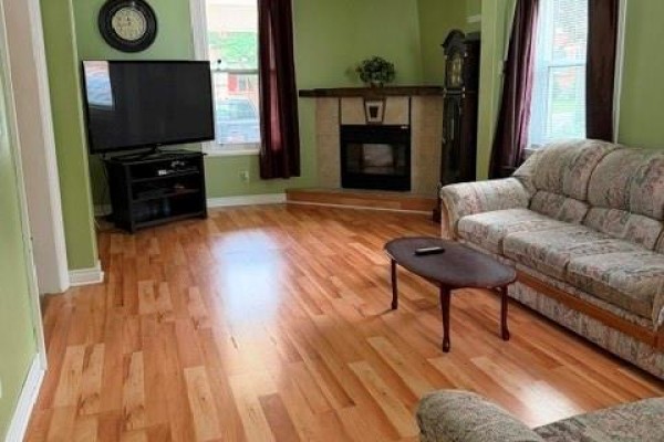 Living room with green walls, hardwood floors, a fireplace, sofa, and coffee table. - 303 Wellington Street West, Chatham