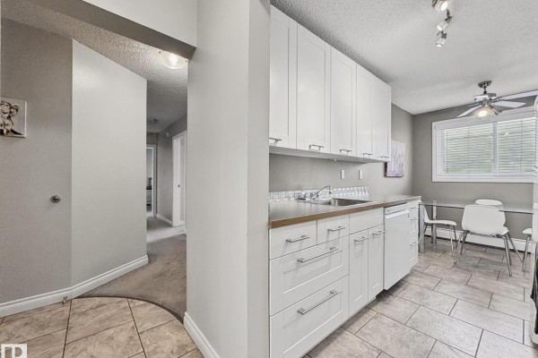 Interior view of an apartment building lobby with grey carpet, grey walls, and glass doors. - #304 10320 113 St Nw, Edmonton