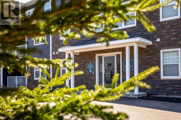 View of apartment entrance through blurred green pine branches. - 304 29 Stratford Road, Stratford