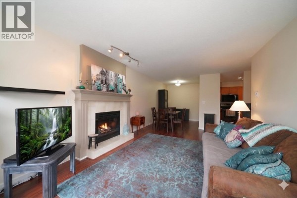 Living room and dining area with sofa, fireplace, and dining table. - 305 1167 Pipeline Road, Coquitlam