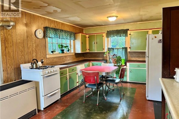 Dated kitchen with vintage stove, retro dining set, and green cabinets - 305 North Cayuga Street W Dunnville