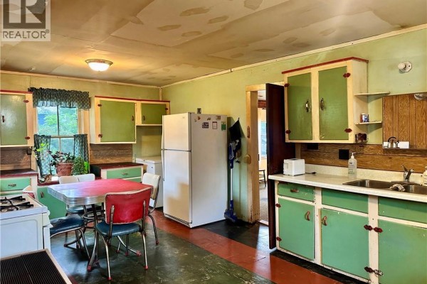 Vintage kitchen with green cabinets, white fridge, and red dining set - 305 North Cayuga Street W Dunnville