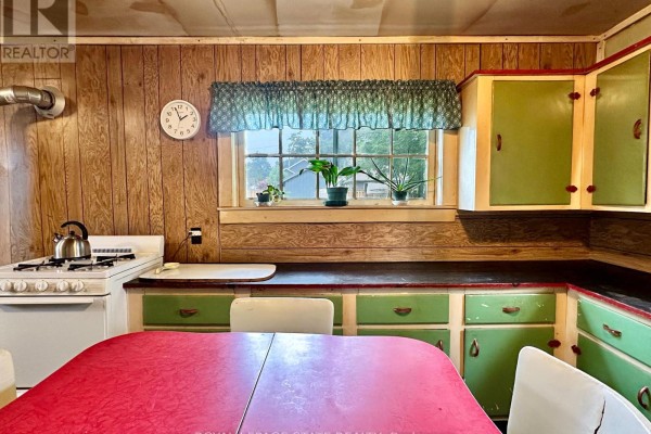 Wood paneled kitchen with green cabinets, red table, and white stove - 305 North Cayuga Street W Haldimand