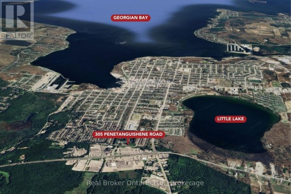 Aerial view of Georgian Bay and Little Lake, highlighting 305 Penetanguishene Road. - 305 Penetanguishene Rd Road, Midland