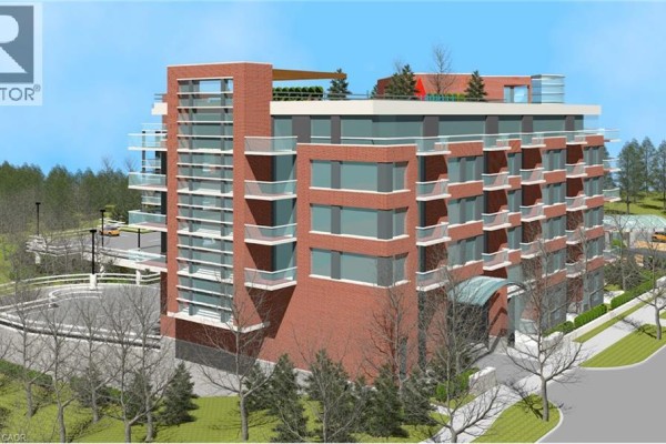 Rendering shows a multi-story brick building with glass balconies and a curved entrance. - 305 Wellington Street E, Aurora