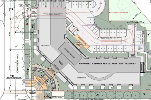 Architectural plan details a proposed 6-storey rental apartment building with green roofs and parking. - 305 Wellington Street E, Aurora