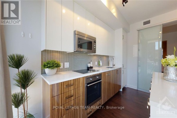 Modern kitchen with stainless steel appliances, wood cabinets, and quartz countertops. - 306 - 300 Lisgar Street, Ottawa