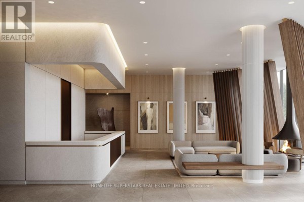 Lobby with wood paneling, contemporary furniture, and a fireplace. - 308 - 1 Fairview Road E, Mississauga
