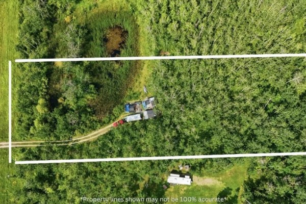 Overhead view of a rural property with a pond, surrounded by dense trees and some structures. - 309 East Lakeshore Road, St Malo