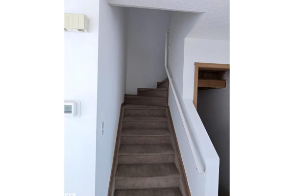 Carpeted staircase leading to the upper floor with white walls. - #31 10909 106 St Nw Nw, Edmonton