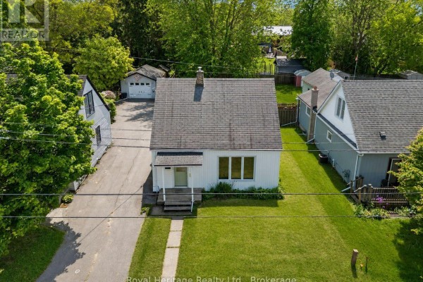 Aerial view of the property at 31 Caroline Street showing the house and garage. - 31 Caroline Street, Port Hope