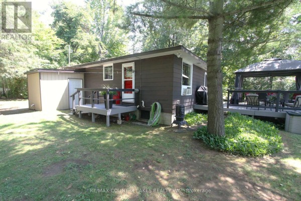 Side view of the dark brown bungalow showing a smaller deck, red door, and attached shed. - 31 Hillcrest Avenue, Kawartha Lakes