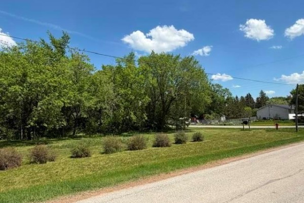 A grassy corner lot with a fire hydrant and utility pole, bordered by a paved road and trees. - 31 Main Street, Tyndall