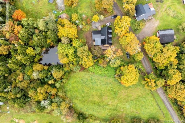 Overhead view of a home, pond, and surrounding wooded area with vibrant fall colors. - 31 Old Great Road, Hopewell Cape