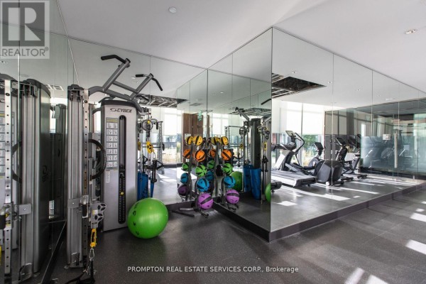 A bright gym with mirrored walls, cardio machines, weight machines, and colorful medicine balls. - 310 - 115 Mcmahon Drive, Toronto