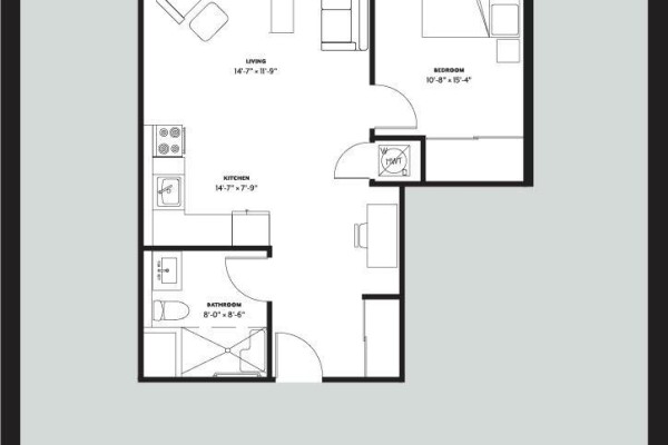 Floor plan of a one-bedroom apartment showing living area, kitchen, and bathroom dimensions. - 310 - 14 1/2 King Street E, Oshawa