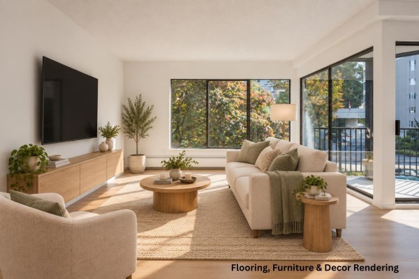 Living room with light-colored sofa, armchair, coffee table, and large windows. - 310 1437 Foster Street, White Rock
