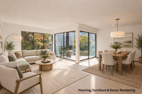 Living and dining area with sectional sofa, dining table, and large windows. - 310 1437 Foster Street, White Rock