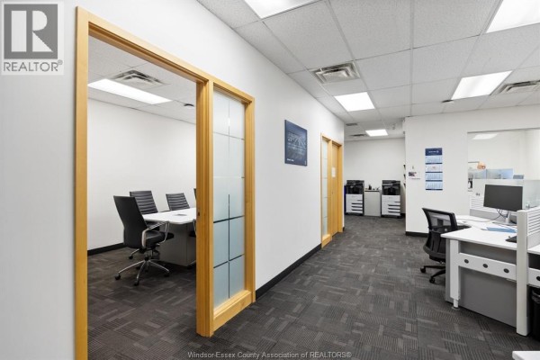 Hallway with glass-paneled doors leading to private offices and open workspace - 3100 Temple Drive, Windsor