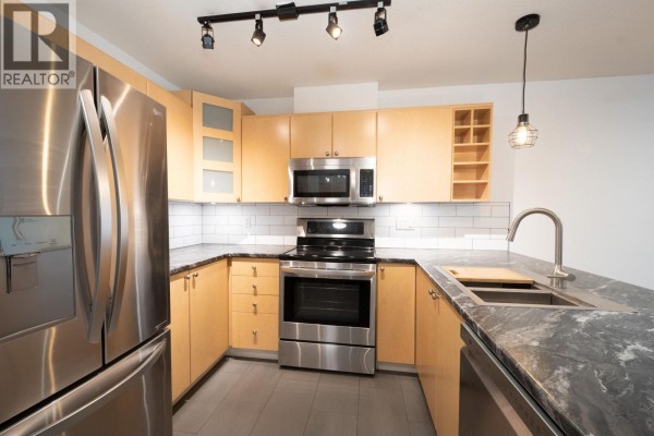 Kitchen and living room area with stainless steel appliances, light wood cabinets, dark counters, and a dining table. - 312 3136 St Johns Street, Port Moody