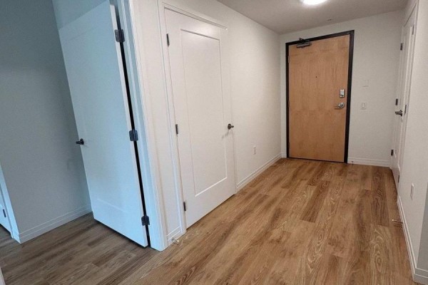 Apartment entrance hallway with light wood laminate flooring and a wooden front door. - 313 - 351 Hill Street, London East