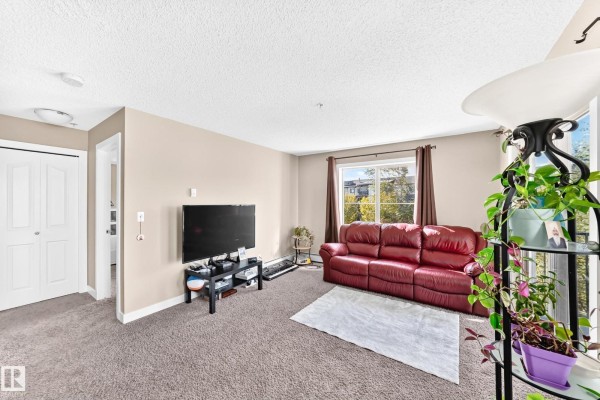 Living room with a red leather couch, TV on a stand, and carpeted floor. - #314 11820 22 Av Sw, Edmonton