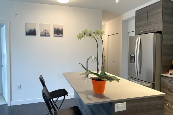 Kitchen island with sink, faucet, and orchid in an apartment. - 314 13963 105a Boulevard, Surrey