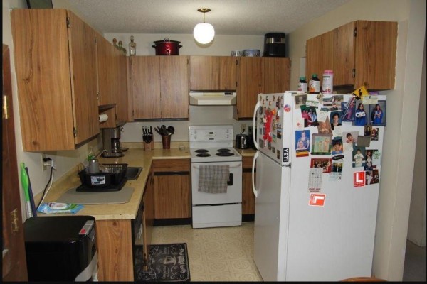 U-shaped kitchen with light wood cabinets, white appliances, and beige countertops. - 316 45749 Spadina Street, Chilliwack Downtown, Chilliwack