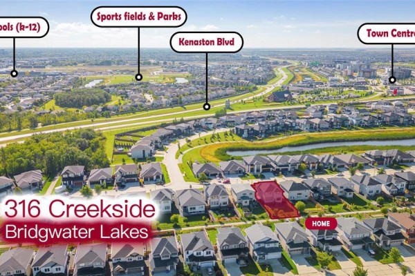 Aerial view of the Bridgewater Lakes neighborhood highlighting 316 Creekside Road. - 316 Creekside Road, Winnipeg