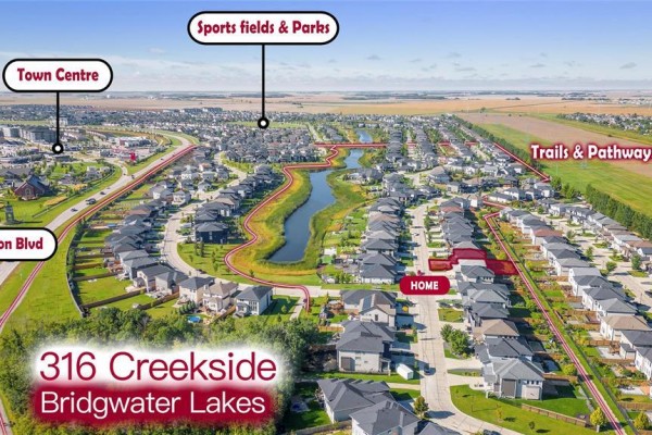 Aerial view of the Bridgewater Lakes neighborhood showing proximity to trails and pathway. - 316 Creekside Road, Winnipeg