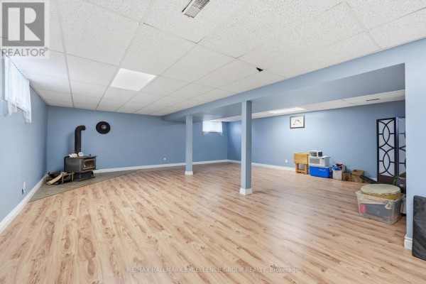 Finished basement with wood-burning stove, wood floors, and blue walls - 3160 Dunning Road Ottawa