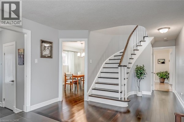 Foyer with a curved staircase, dark hardwood floors, and doorways to other rooms. - 3163 Barwell Road, Mississauga
