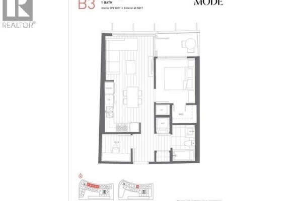 Floor plan of a one-bedroom apartment with labelled rooms and dimensions. - 317 3438 Sawmill Crescent, Vancouver