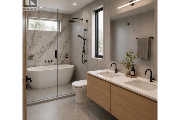 Luxurious bathroom with freestanding tub, walk-in shower, double vanity, light wood cabinets, and marble tile accents. - 3194 W 18th Avenue, Vancouver