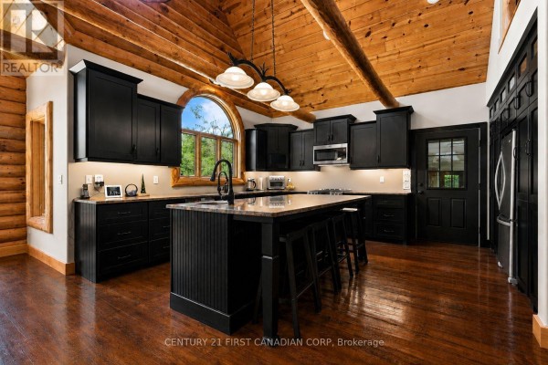 Kitchen with black cabinets, a center island with seating, stainless steel appliances, and wood plank ceiling. - 31998 Scout Road, North Middlesex