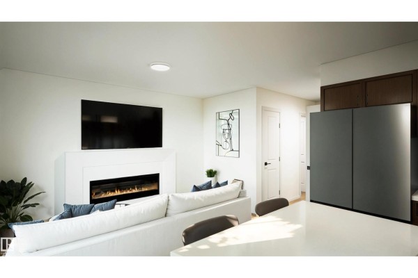Floor plans and renderings of a townhouse showing multiple levels and rooms, including bedrooms and kitchen. - #32 17319 5 St Ne, Edmonton
