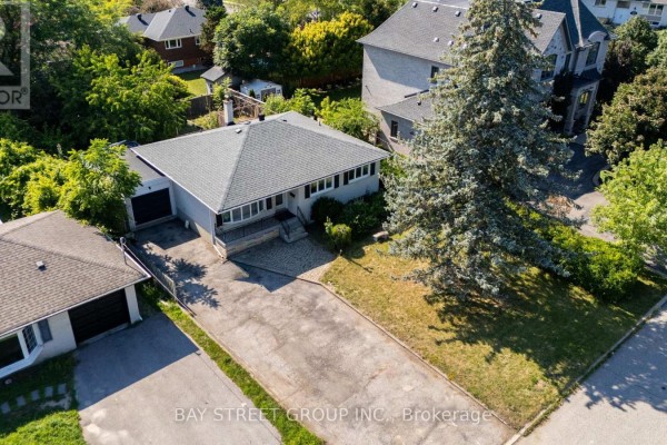 Aerial view of the residential property at 32 Alanadale Avenue, Markham, showing the house and surrounding trees. - 32 Alanadale Avenue, Markham