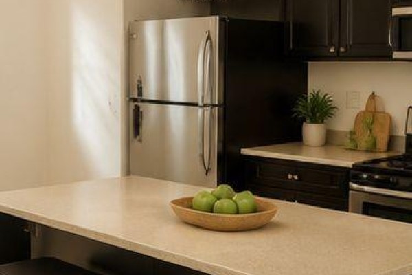 Kitchen counter with stainless steel refrigerator, dark cabinets, and a bowl of green apples. - 32 Aspen Hills Road, Brampton
